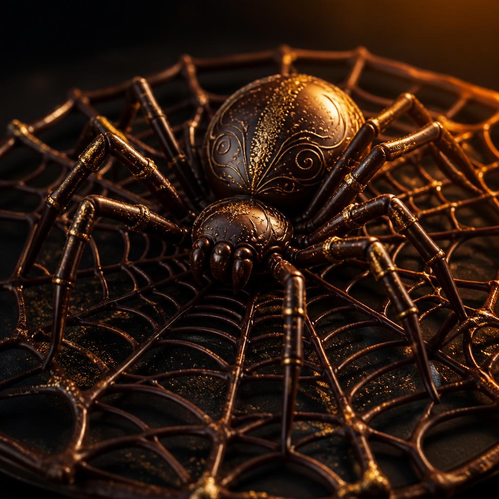 Tempered chocolate spider on a chocolate web