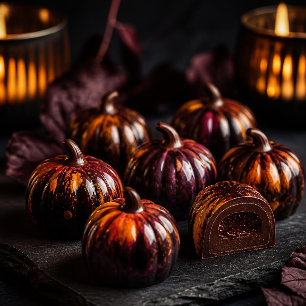 Chocolate pumpkin bonbons painted in orange and plum